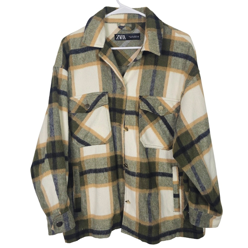 ZARA Green Tan Plaid Wool Flannel Shacket Women Large Button Front Jacket L